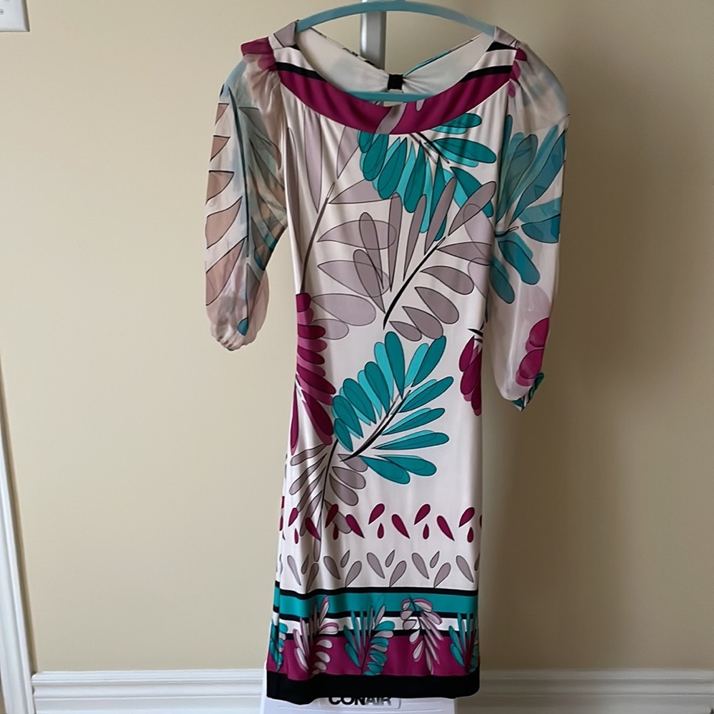 Analili floral print with sheer silk long sleeve dress, size XS